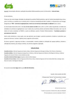 Comunica&ccedil;&atilde;o de aplica&ccedil;&atilde;o de produtos fitofarmac&ecirc;uticos junto &agrave; Via Ferrovi&aacute;ria - Linha Oesta